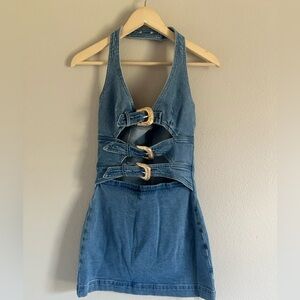 Commense | Dresses | Commense Blue Denim Mini Dress With Gold Buckles
